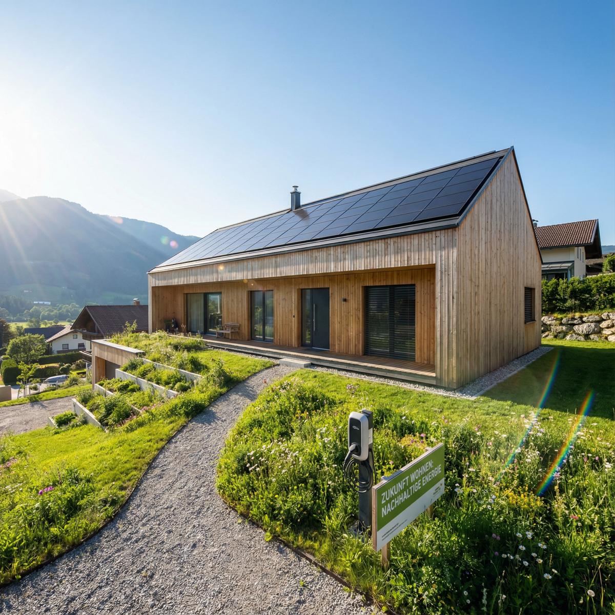 Modernes Einfamilienhaus in Niederösterreich mit Photovoltaik-Anlage auf dem Dach zur eigenen Stromerzeugung.